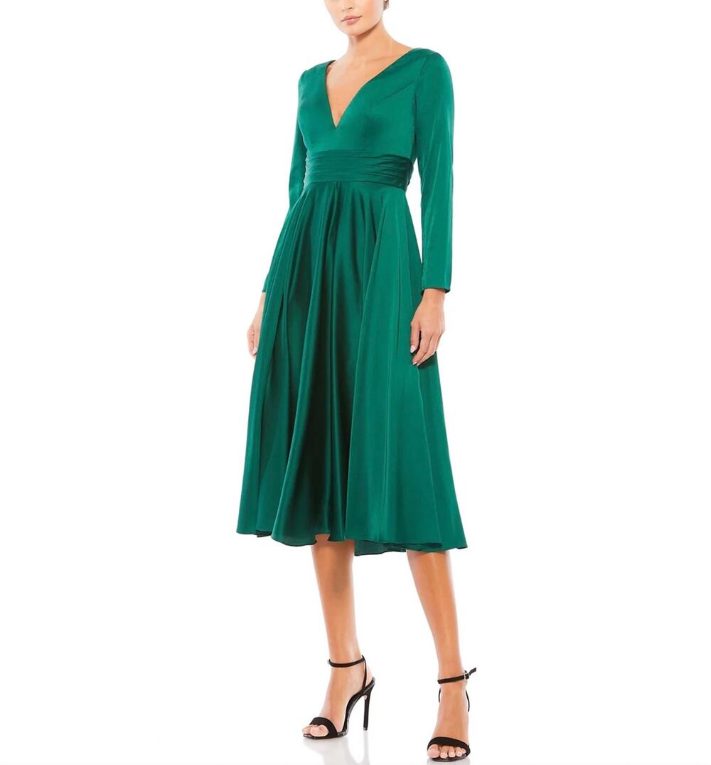 Mac Duggal 67527 Green Cocktail Dress Satin Long Sleeve Fit & Flare Midi Size 4